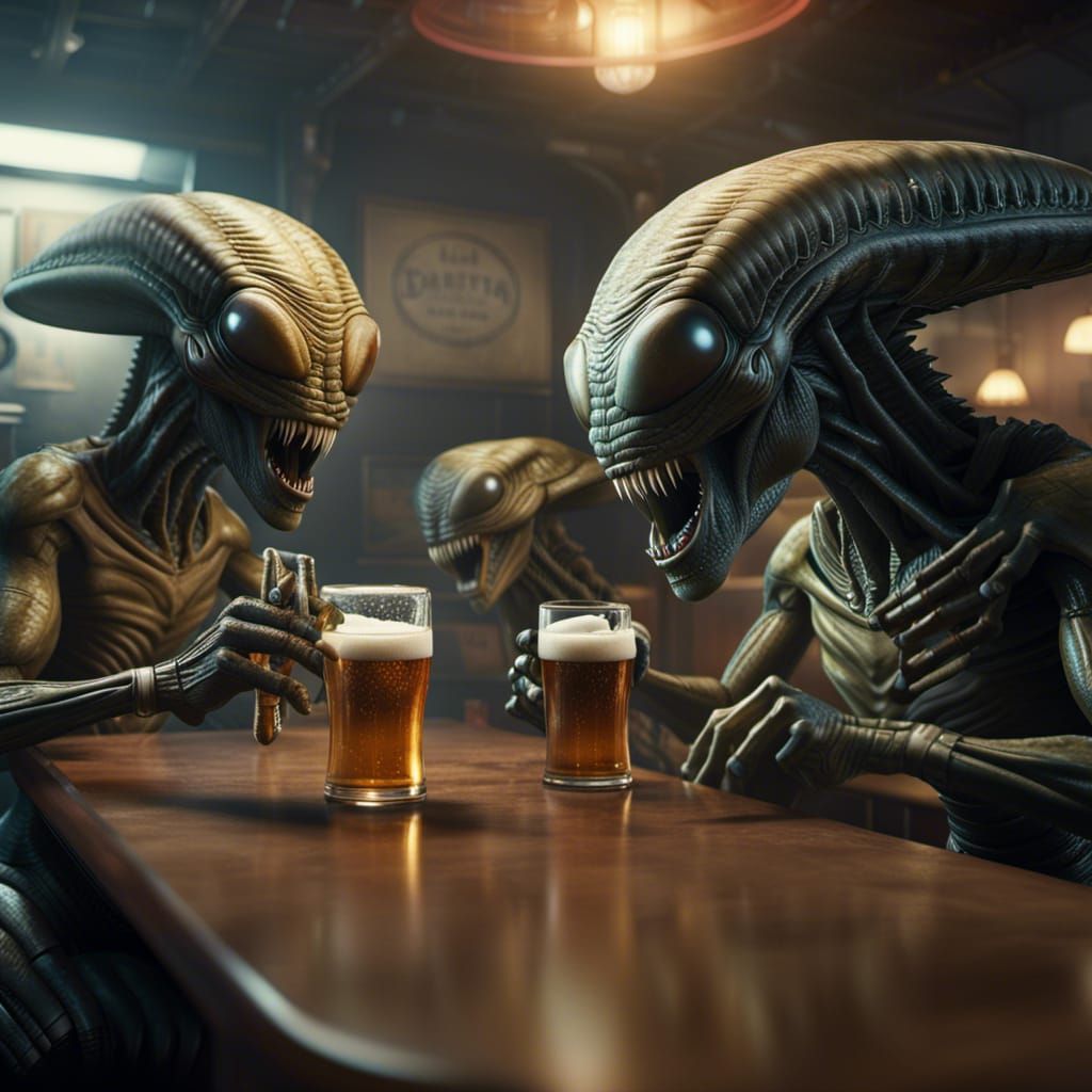Aliens Drinking Beer in Bar: Photorealistic 8K