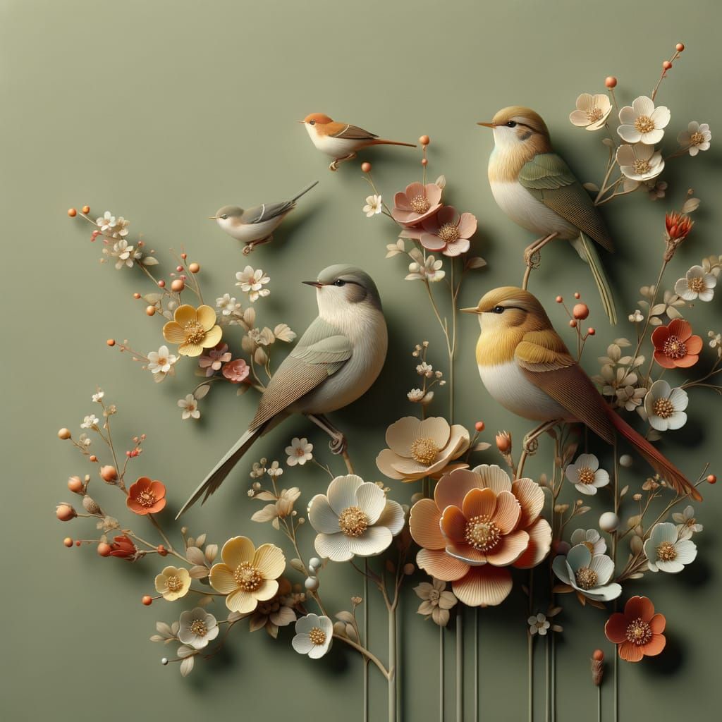 Japandi Songbirds in Digital 3D with Cherry Blossoms