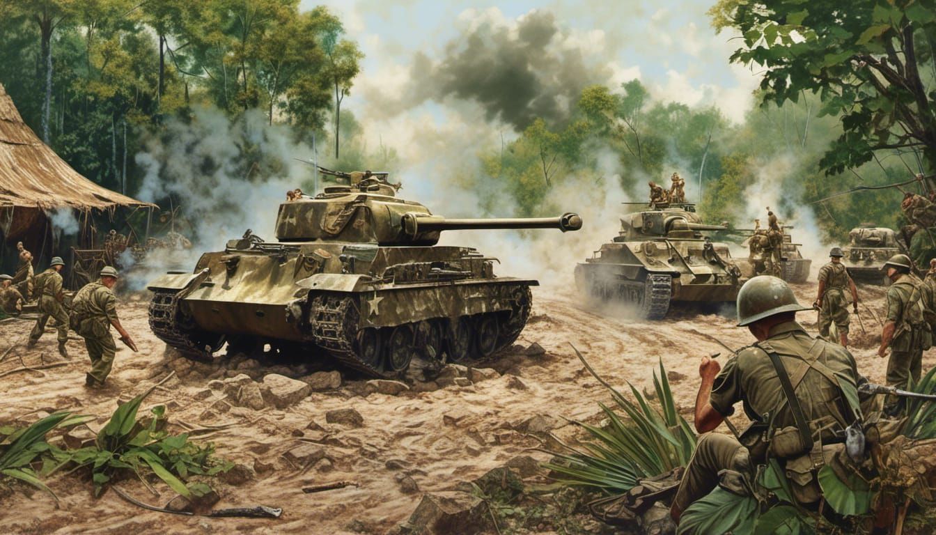 WWII Jungle Tank Battle Art
