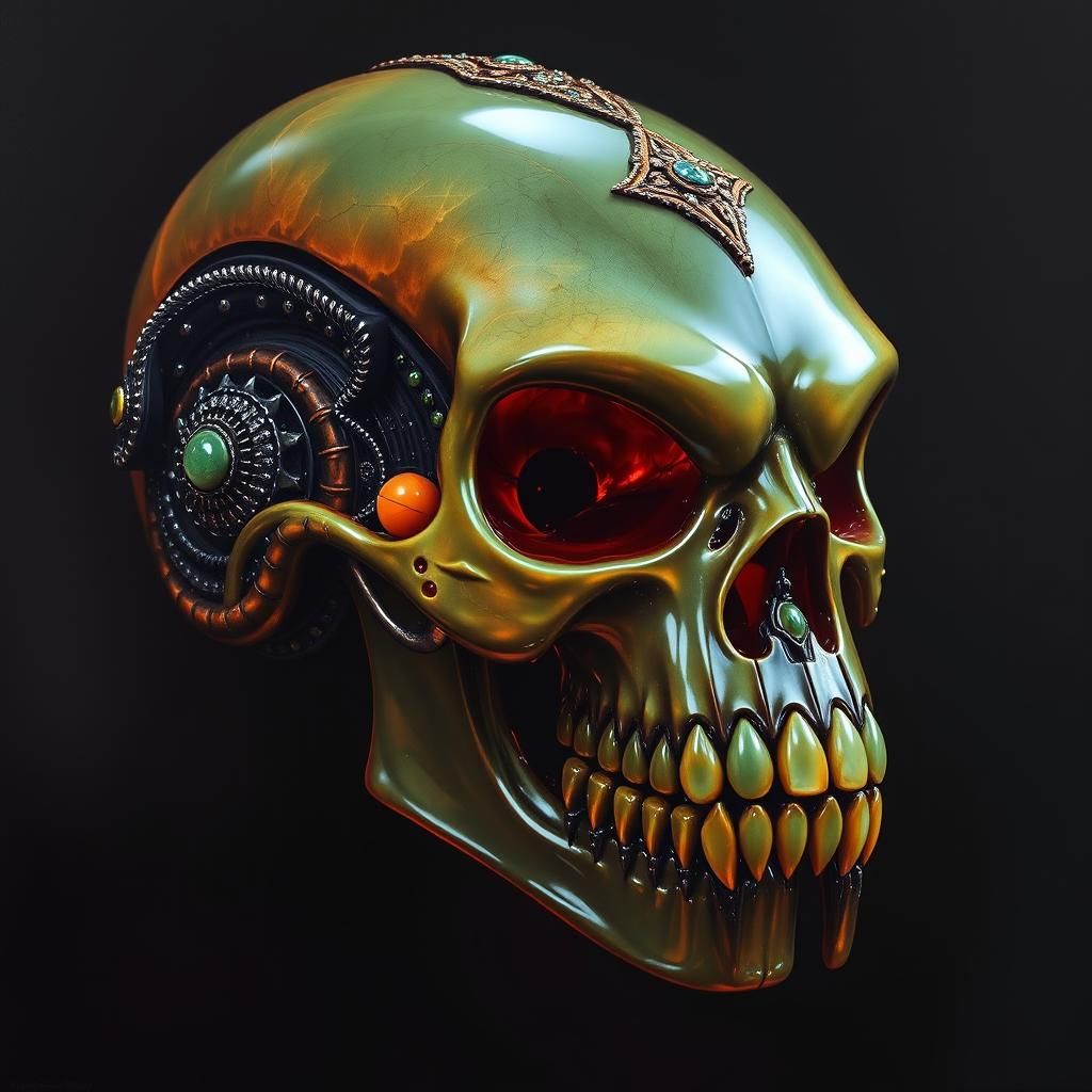 Ornate Alien Skull Carved from Tigers-Eye and Jade