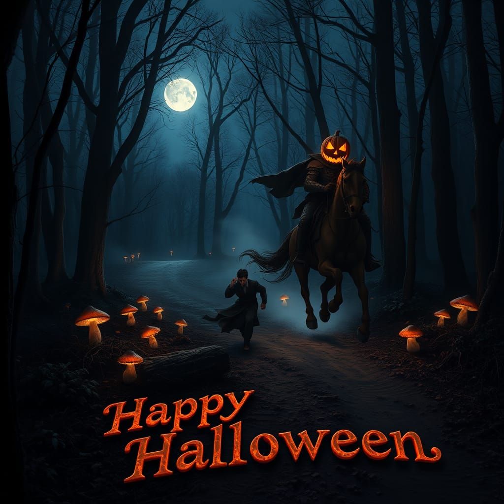 Headless Horseman Chase in Mist-Shrouded Forest