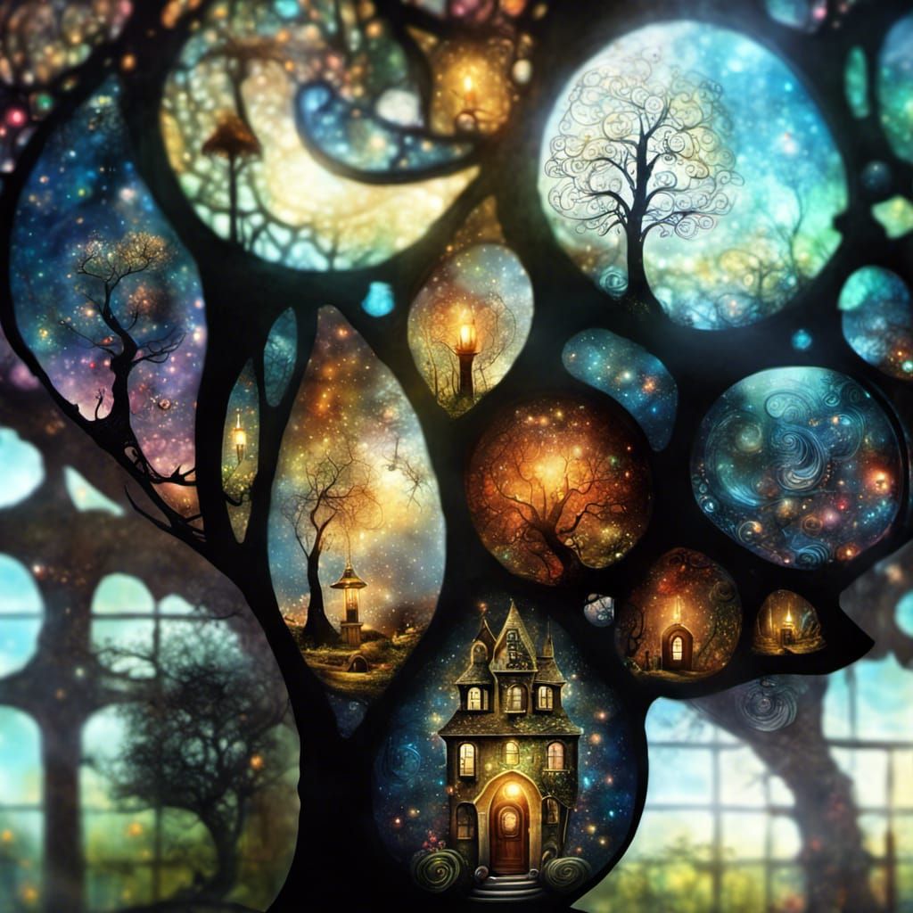 Surreal Stained Glass Spiral with Fantasycore Houses