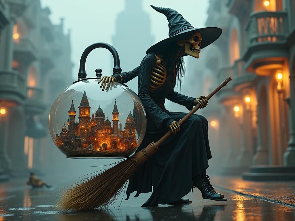 Skeleton Witch Rides Broom with Futuristic Hellscape