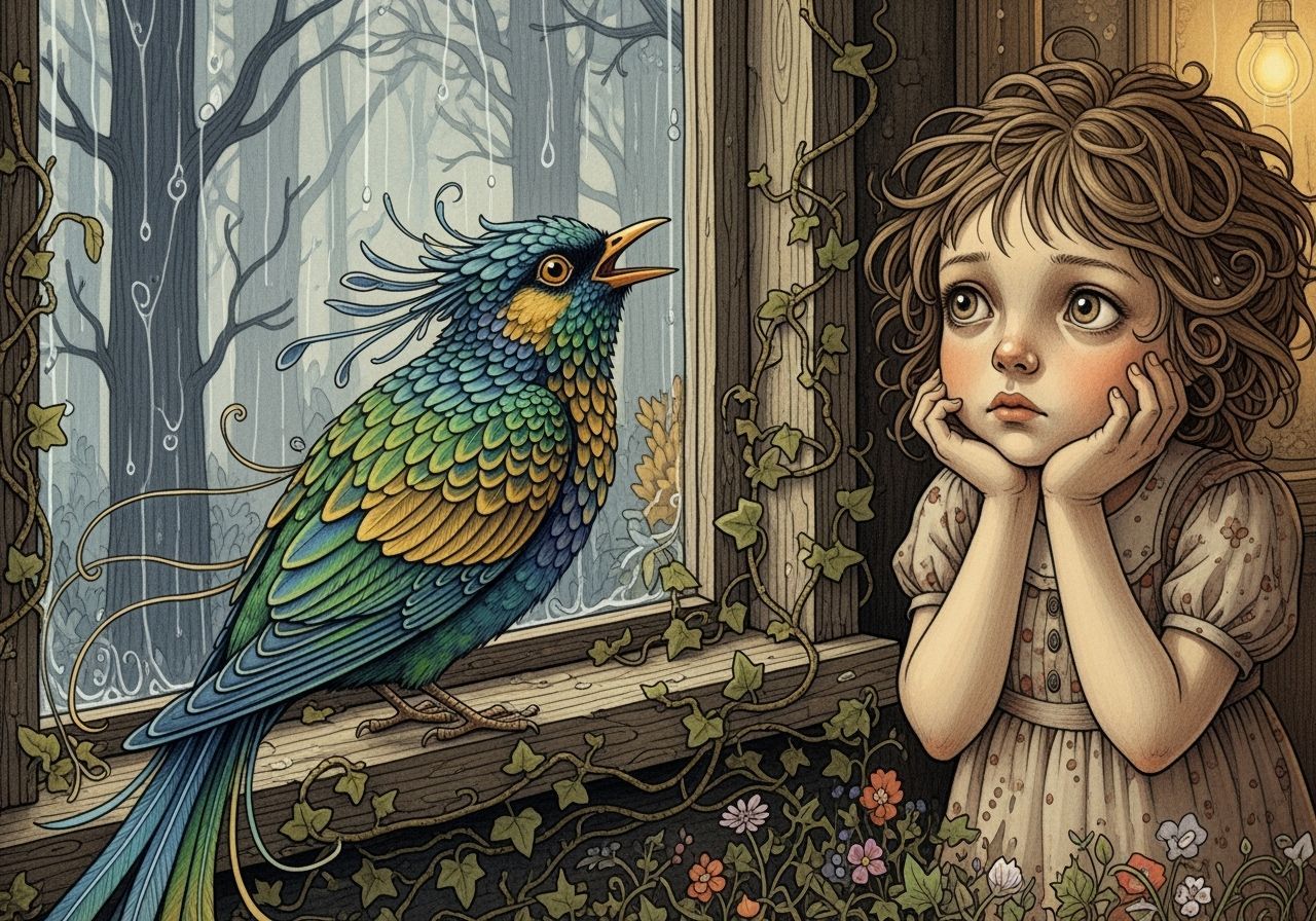 Lonely Girl and Singing Bird by Window