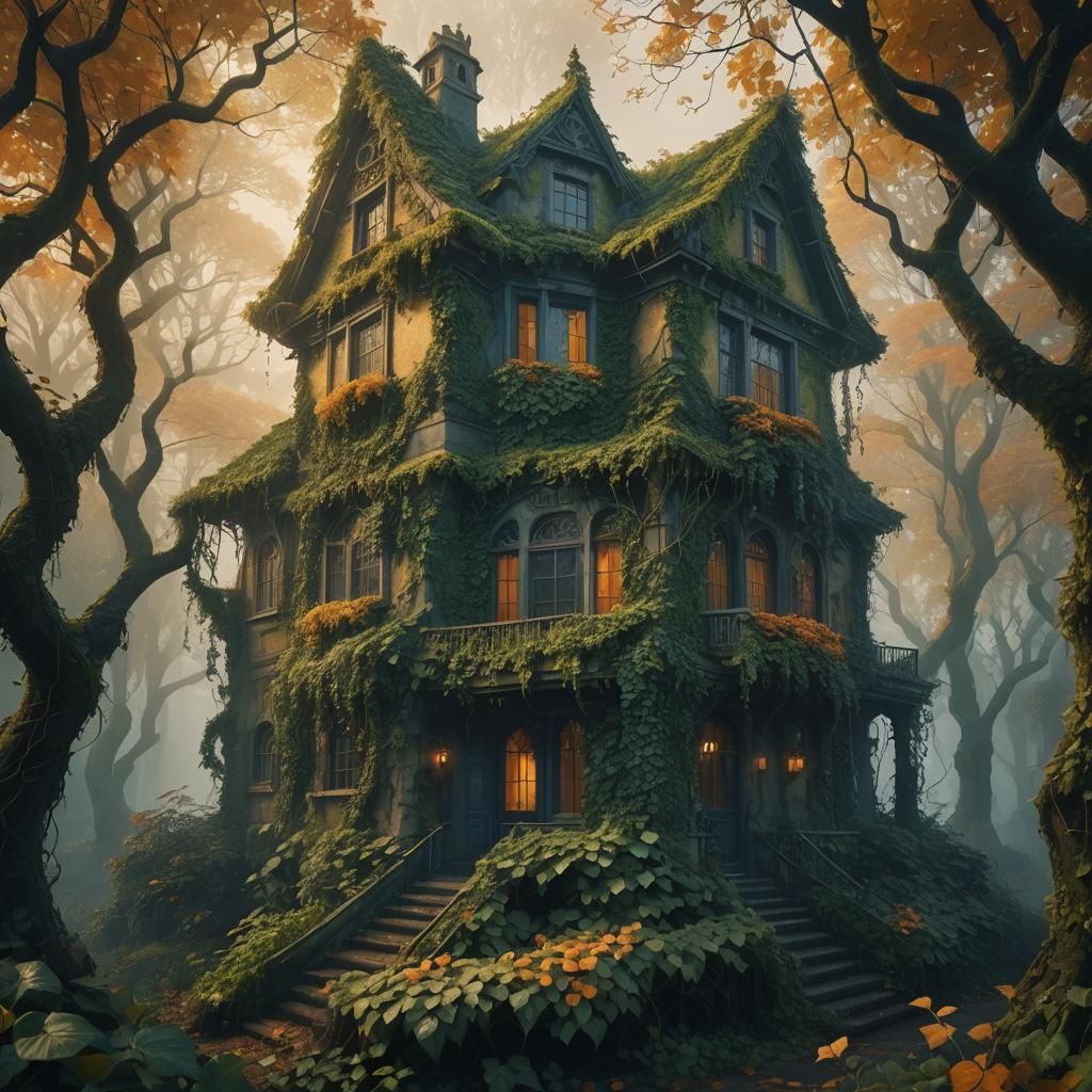 Ivy Covered House in Misty Forest: Matte Painting