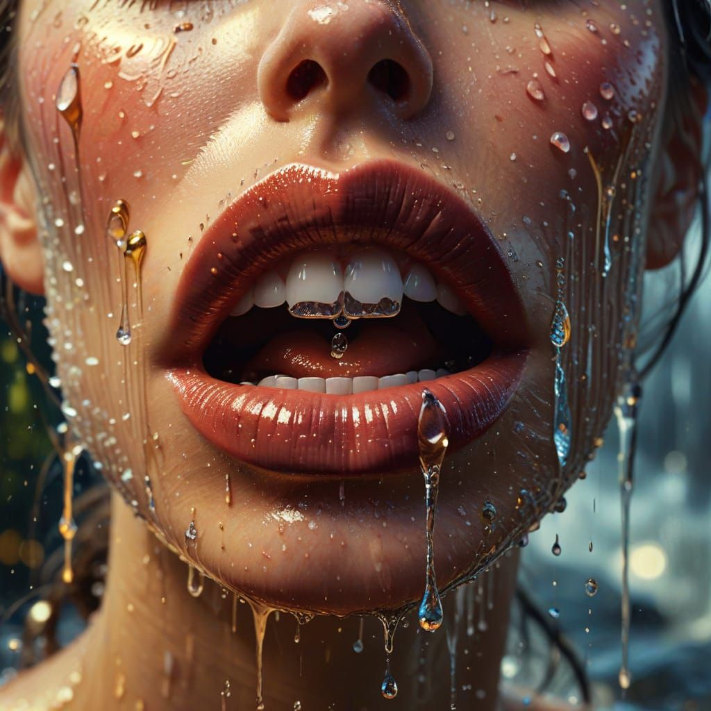 Surreal Waterfall Lips with Boat as Oil Painting