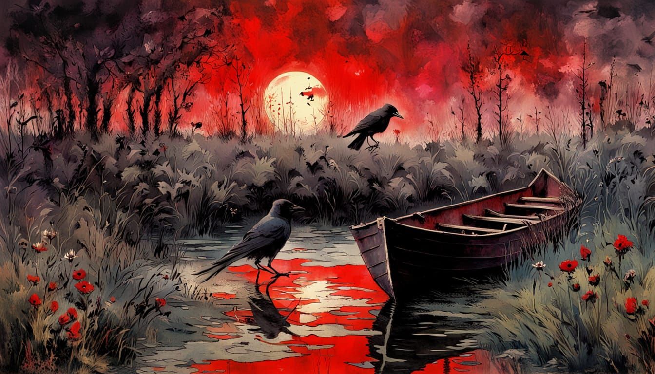 Mysterious Jackdaw Amidst a Darkening Swampy River Scene in ...