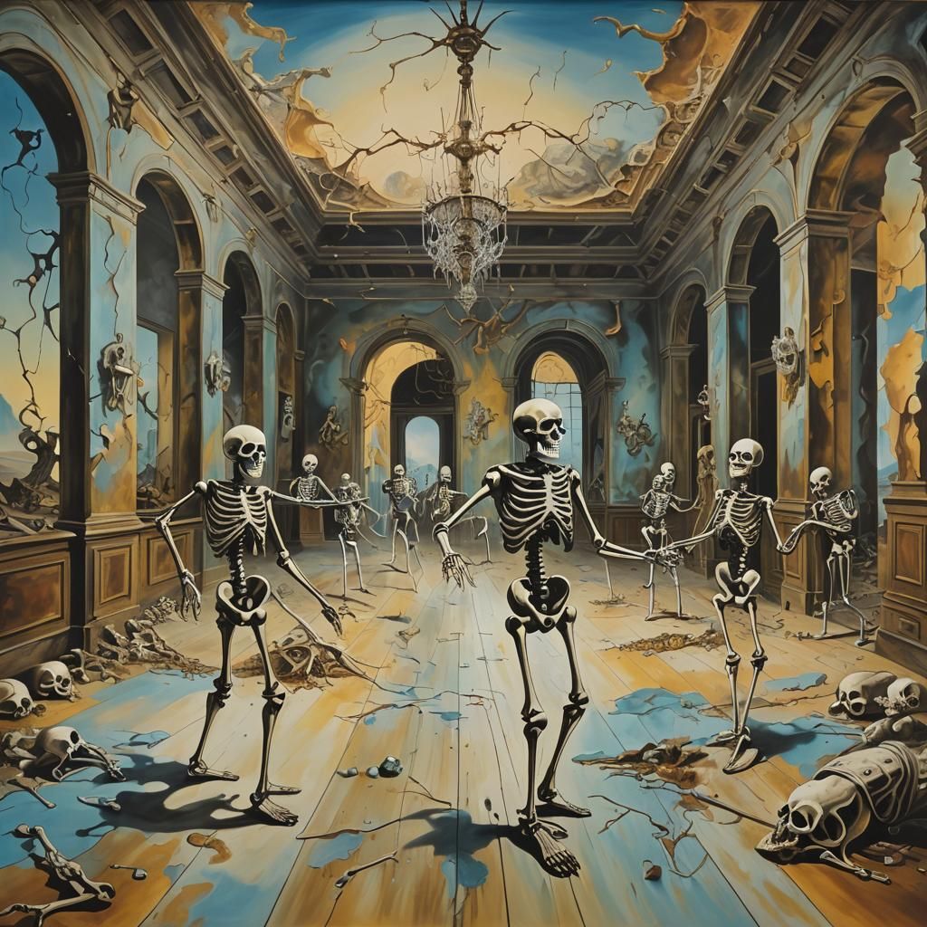 Skeletons Dancing in Ballroom: Surreal Oil Painting