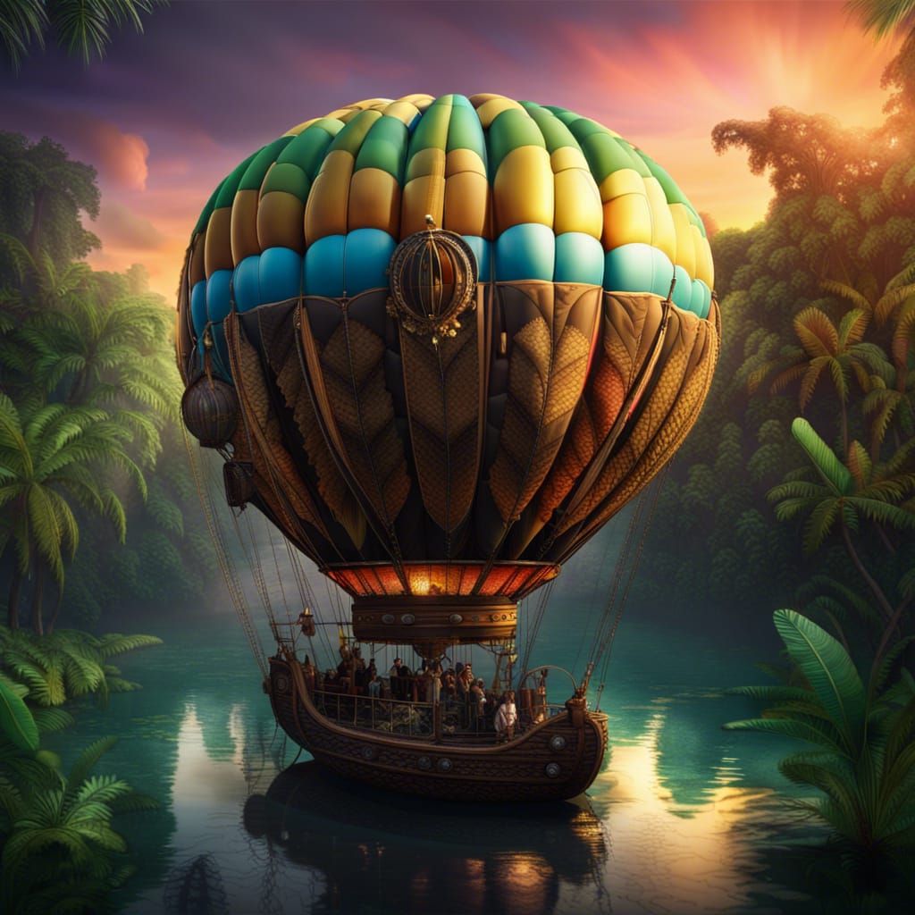 Steampunk Hot Air Balloon Over Jungle Lagoon