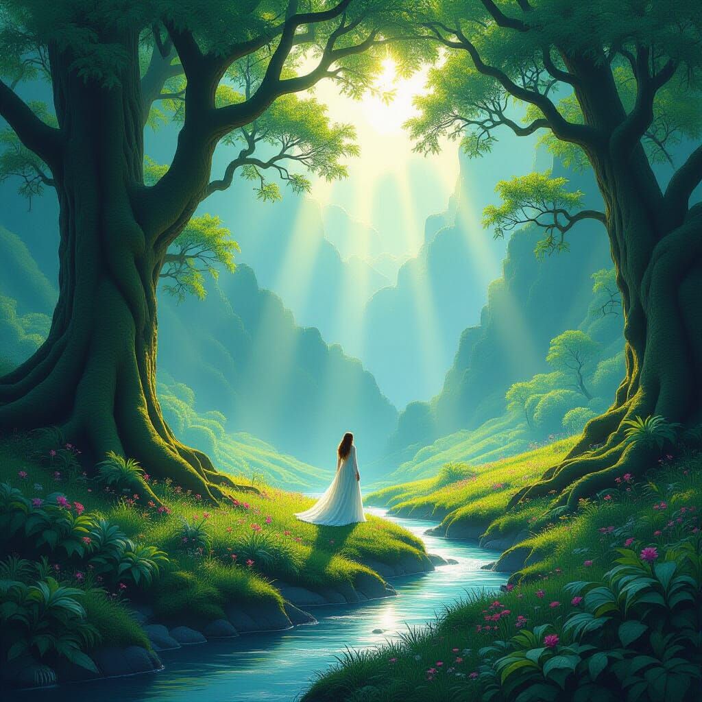 Serene Valley with Ethereal Light and Peaceful Woman