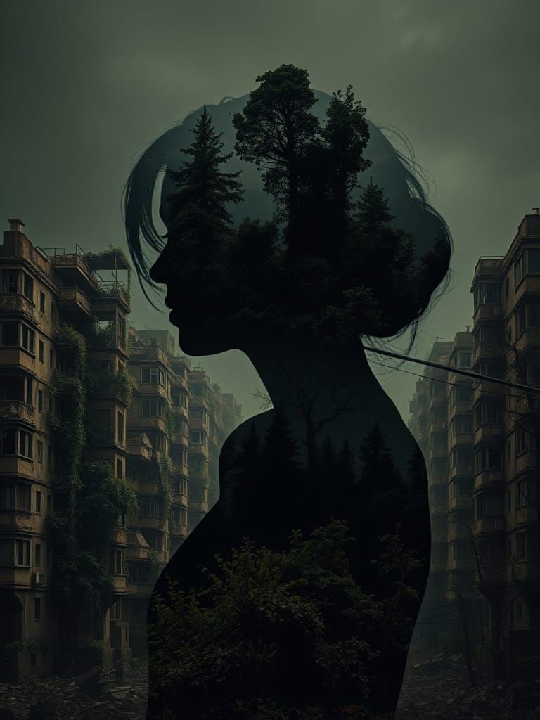 Moody Post-Apocalyptic Silhouette in Double Exposure