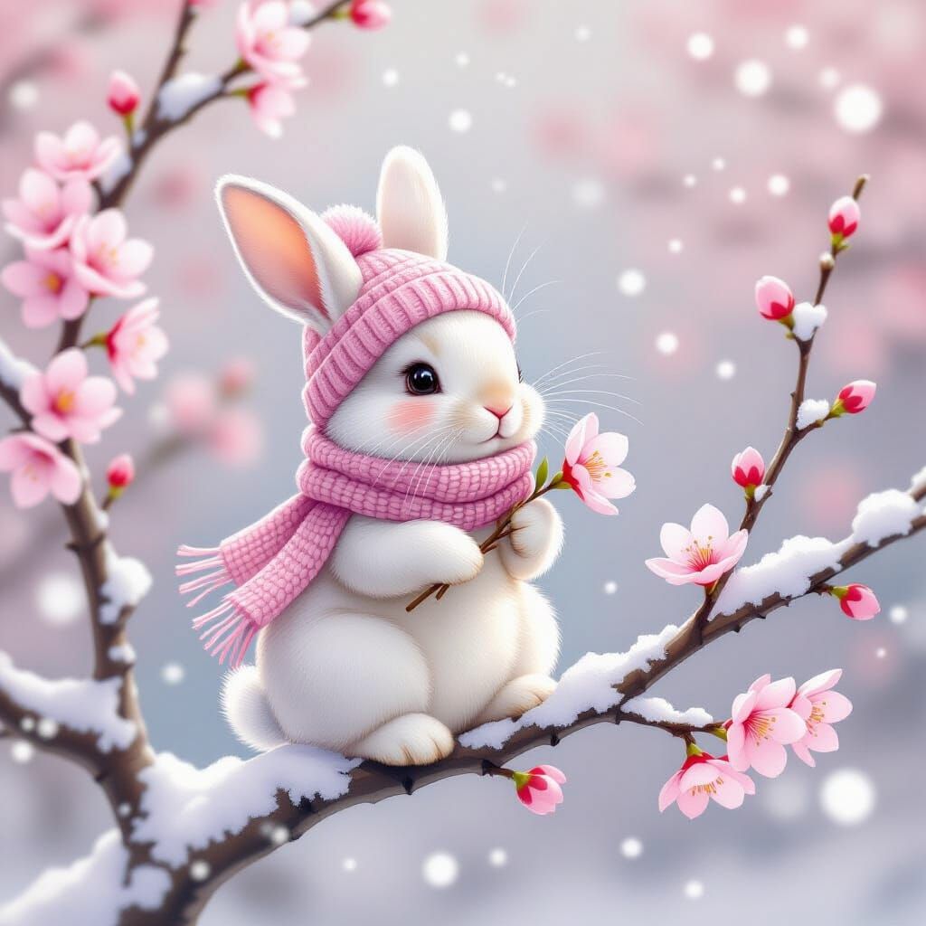 Fluffy Bunny in Snow with Cherry Blossom