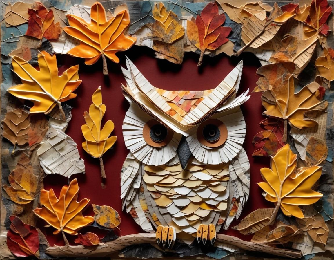 Autumnal Paper Collage of an Owl in Tree