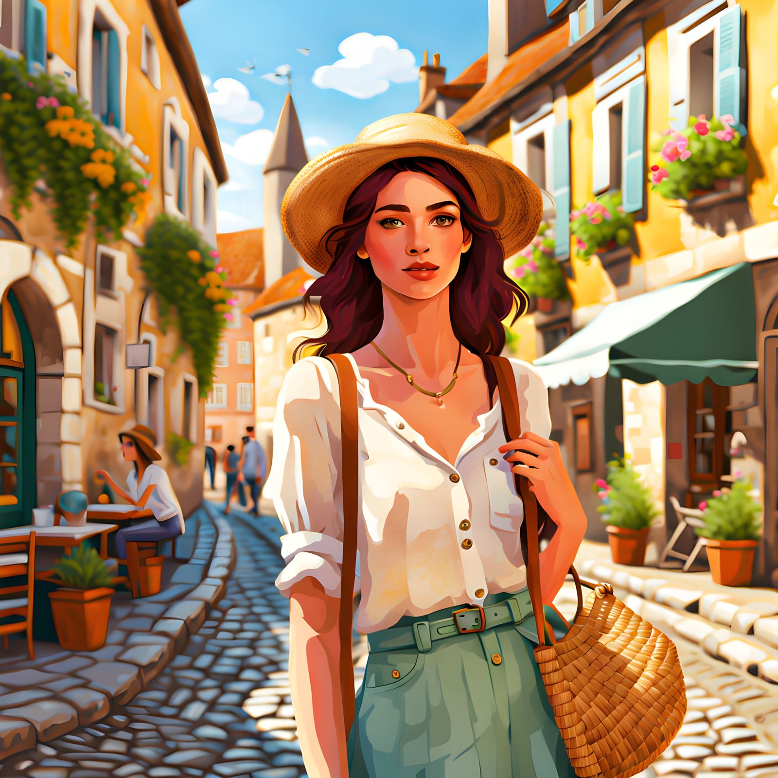 Young Woman Explores Charming European Street in Digital Art