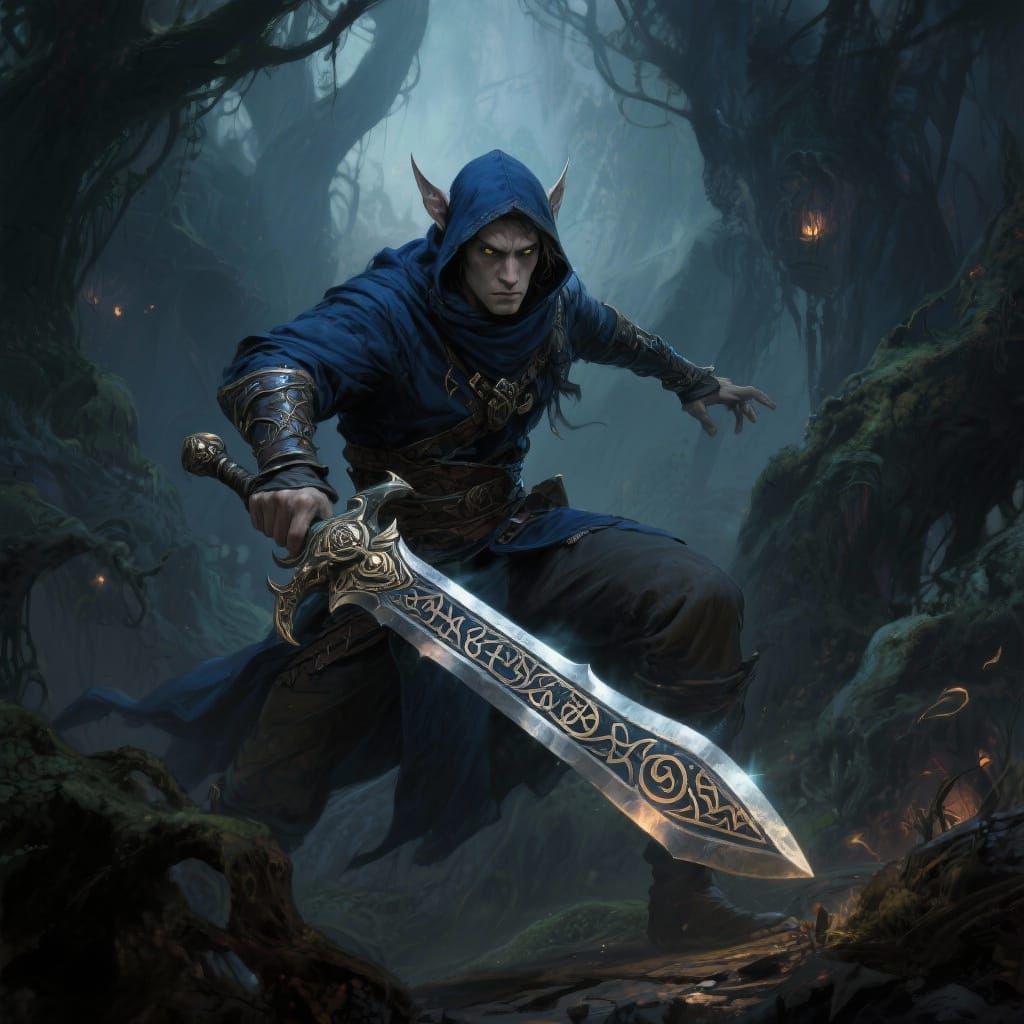 Half Elf Rogue with Mystical Runed Sword