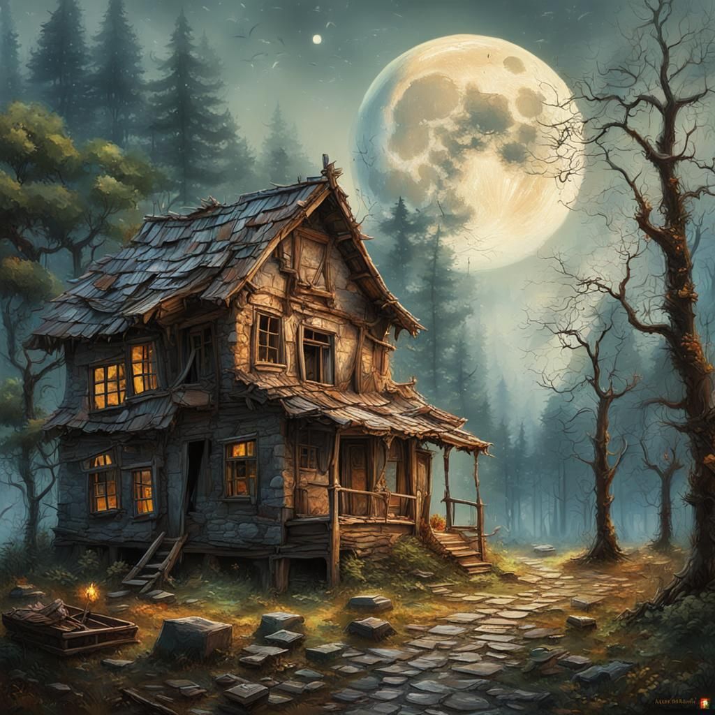 Realistic Painting of Old House in Forest