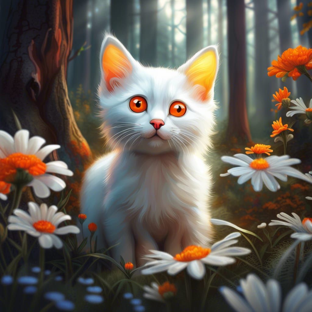 White Kitten in Orange Wildflower Forest, Detailed Matte Pai...