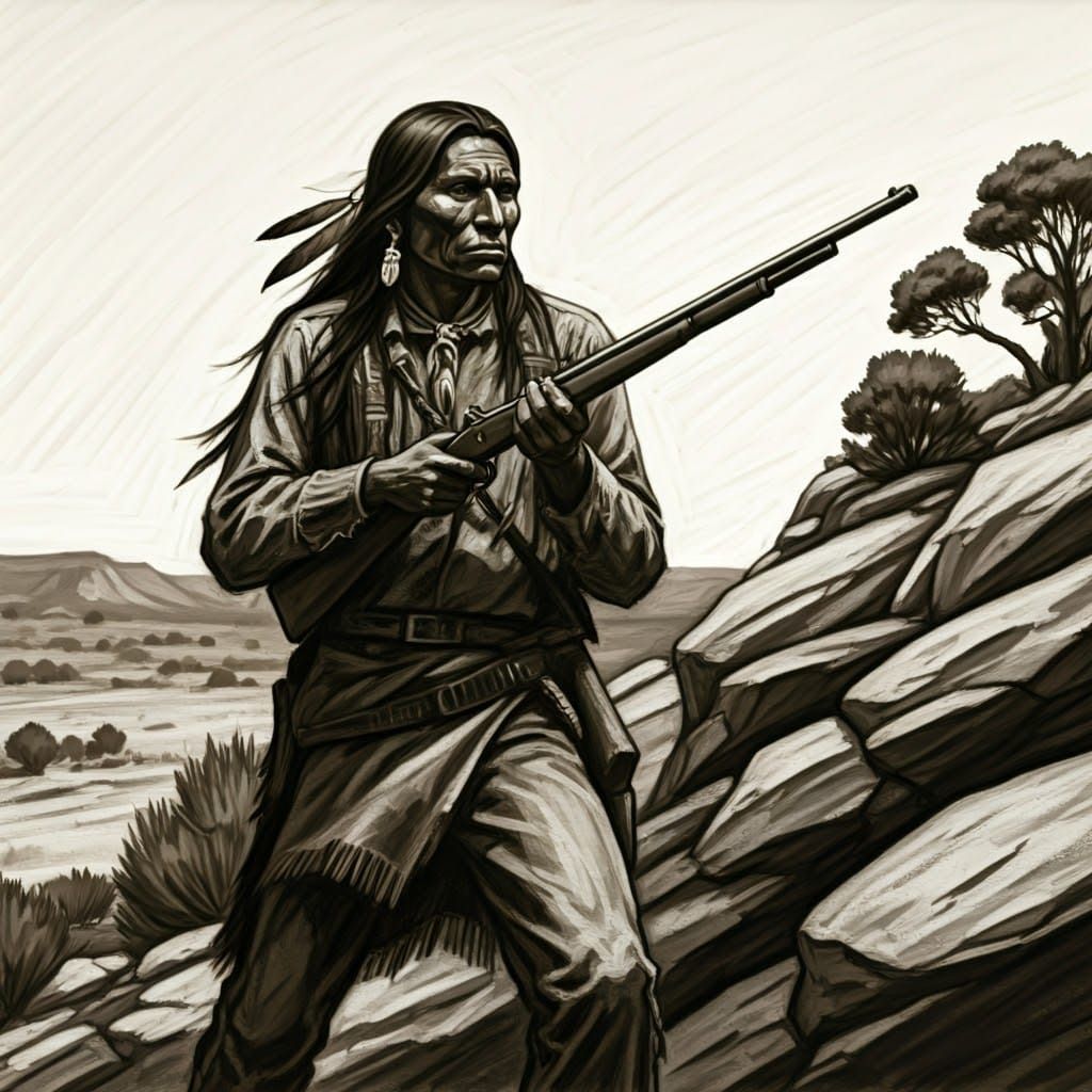 Apache Hunter in Rugged Landscape: Charcoal Drawing