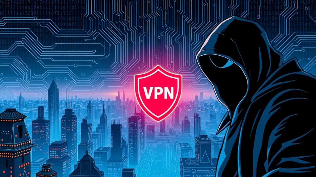 Futuristic Cityscape with VPN Emblem and Encrypted Code