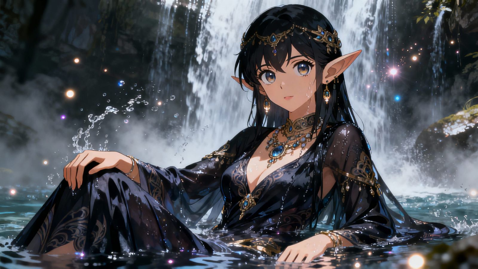 Anime Dark Elf Goddess Bathing in Waterfall