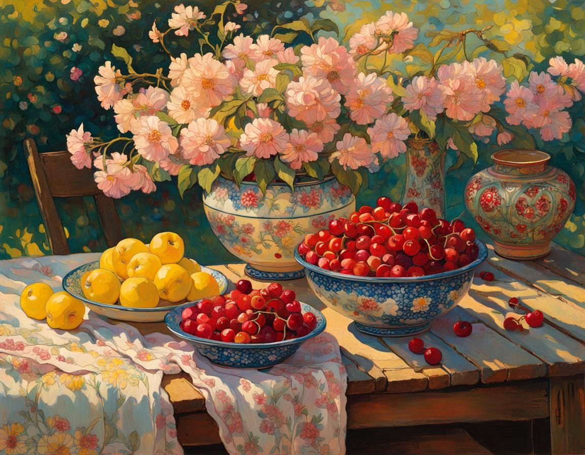 Cherries and Flowers Still Life in Art Brut Style