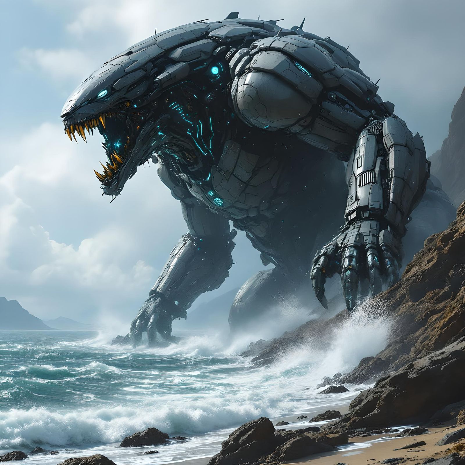 The mecha beast rising from the sea with one heel of hiw foot dug into ecuador and his other foot in the santa cruz isla...