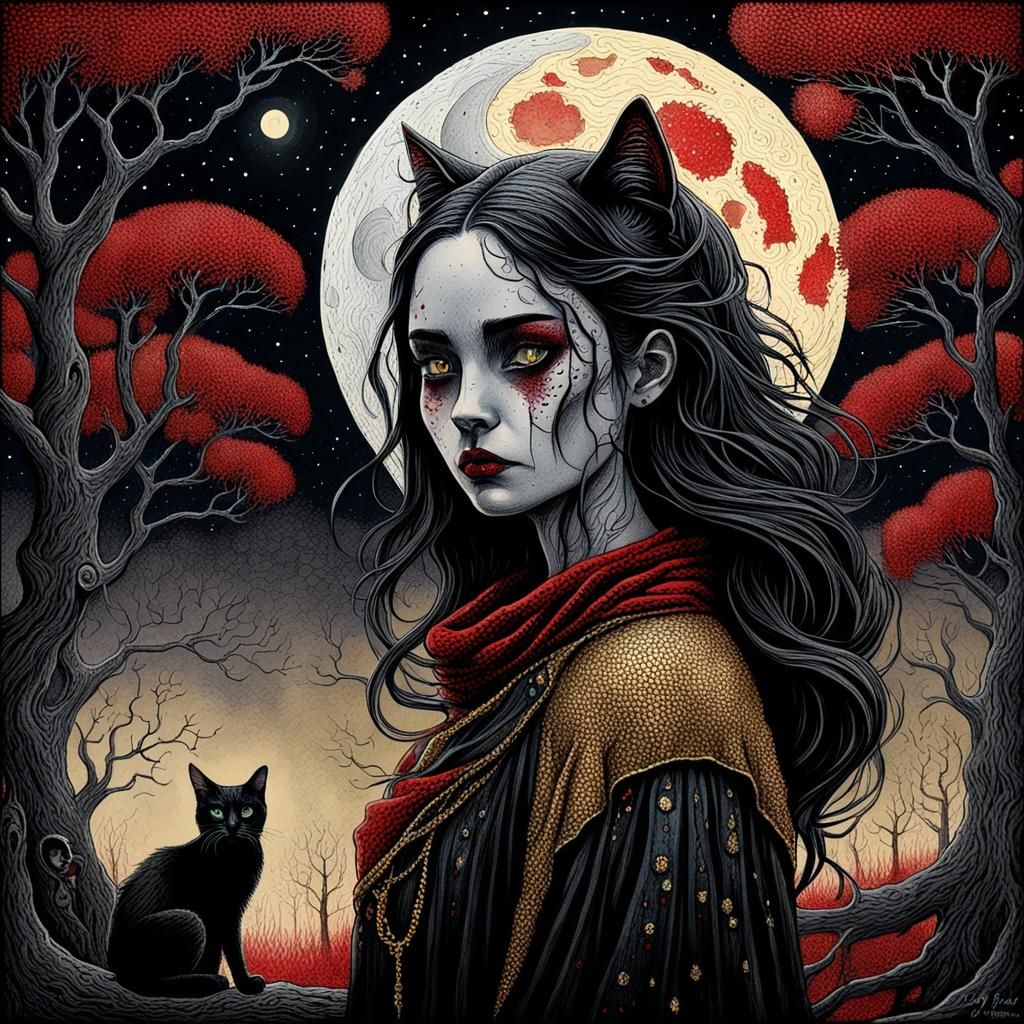 Dark Fantasy Art: Girl, Cat, Moon, Decaying Trees