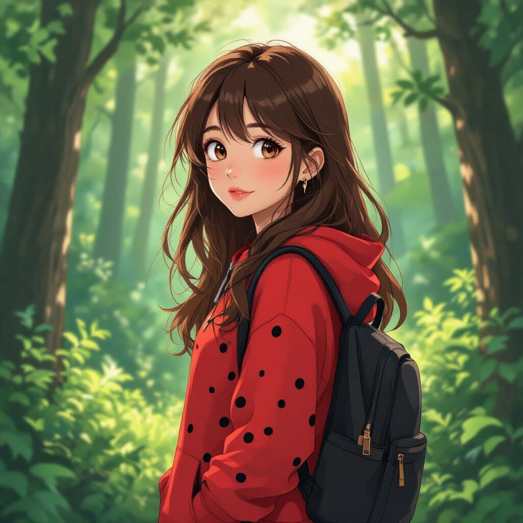 Teenage Girl in Forest, Anime-Inspired Digital Art