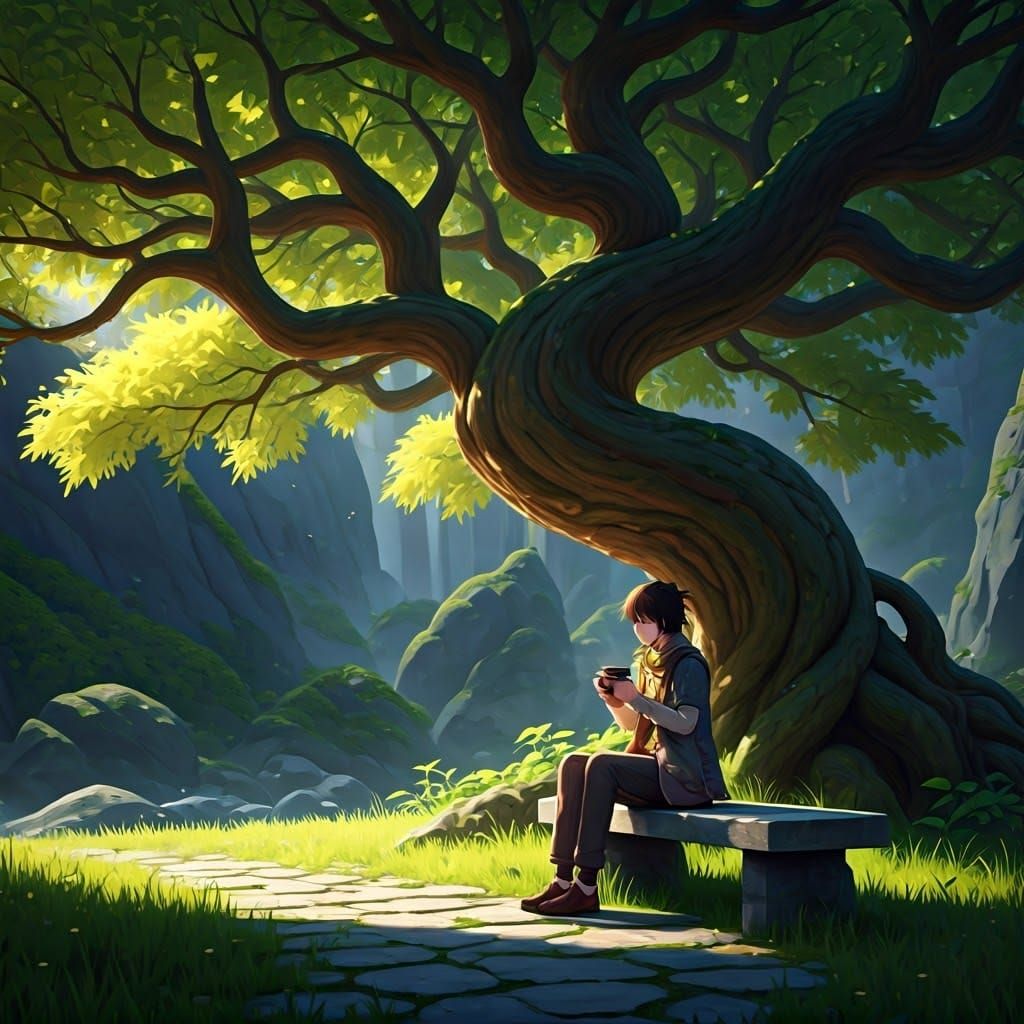 Person Drinking Coffee in Forest, 3D Anime Art