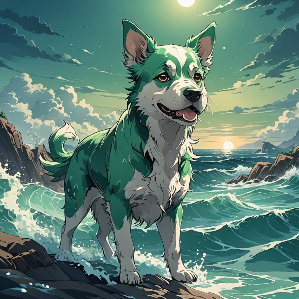 Anime-Style Sea Green Dog: Cel-Shaded Art
