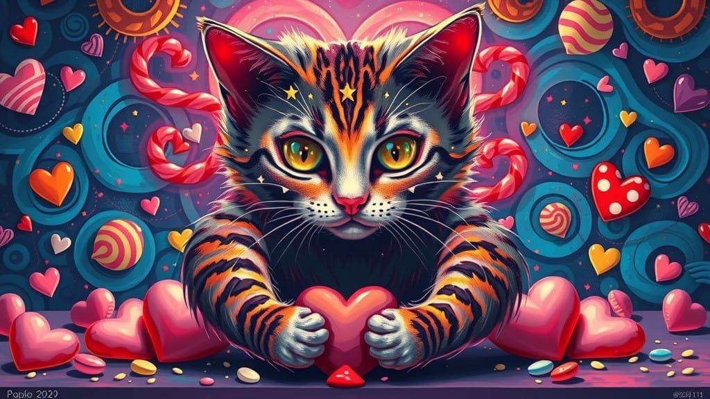 Electric Valentine's Surrealism: Starry-Eyed Cat in Neon Dre...