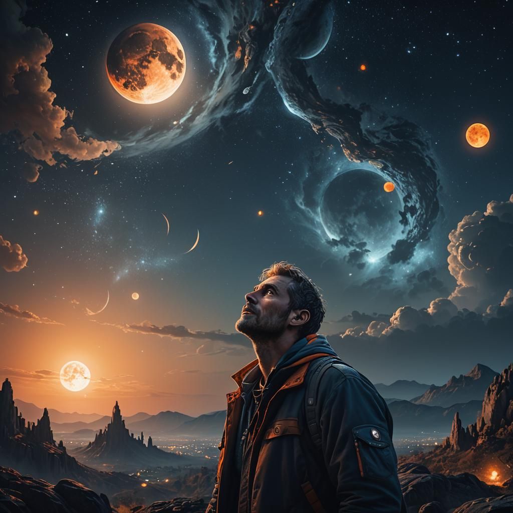 Man Stunned by Three Moons: Fantasy Concept Art