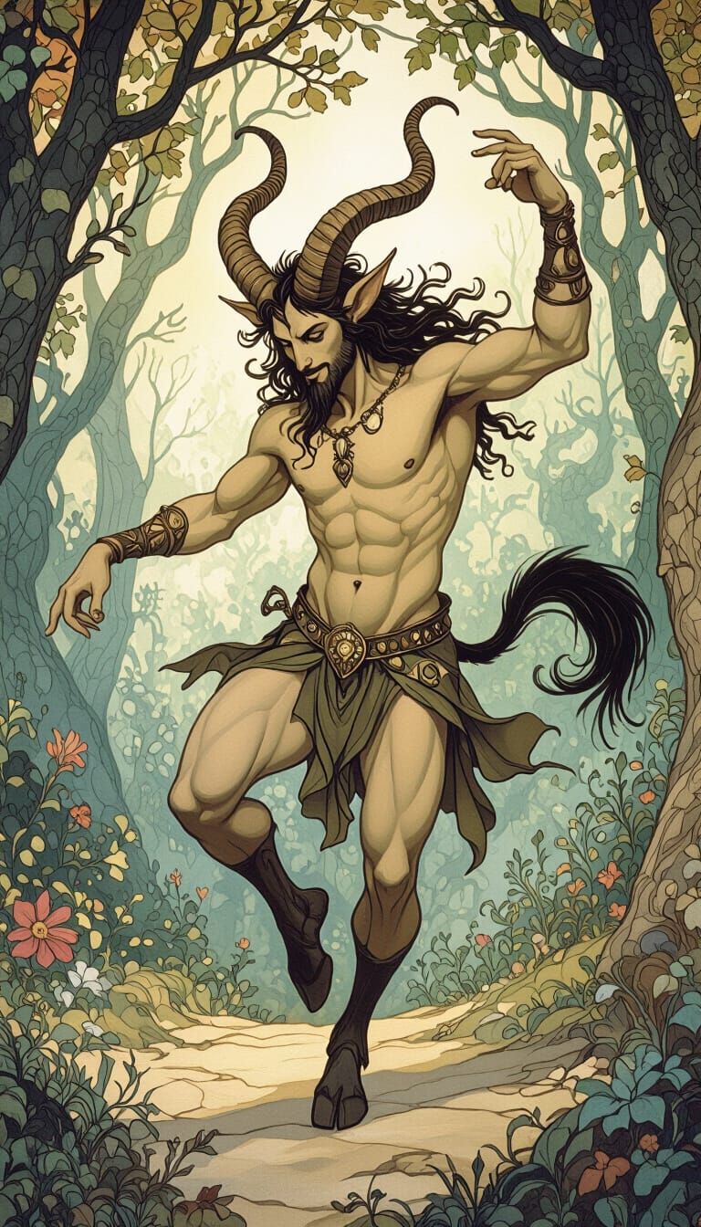 Satyr Dancing in Whimsical Forest: Fantasy Illustration