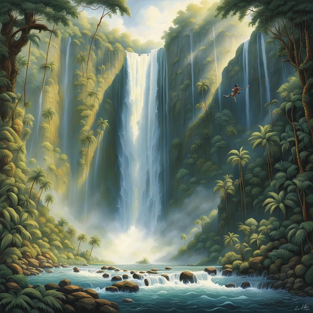 Thrill-Seeker Between Waterfalls: Cinematic Adventure