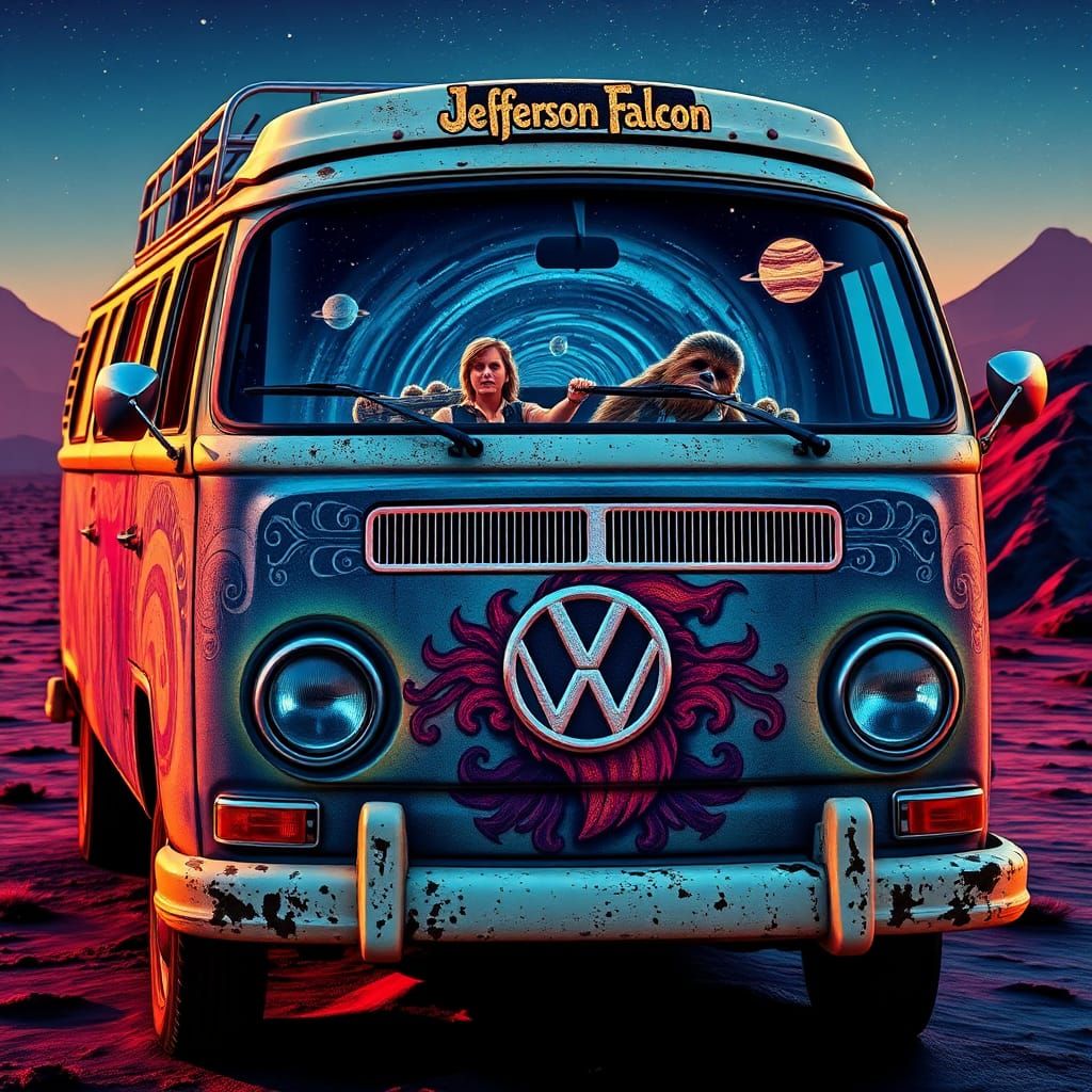 Psychedelic VW Van Featuring Han Solo and Chewbacca