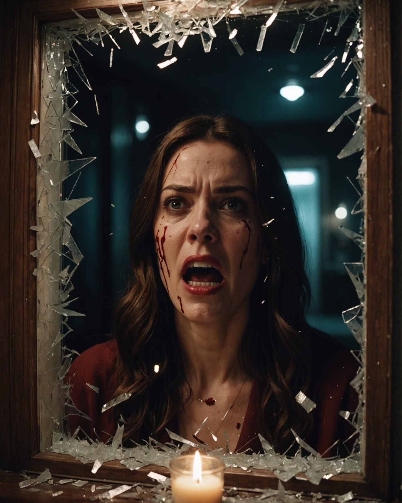 Shattered Mirror Horror Scene with Screaming Reflection