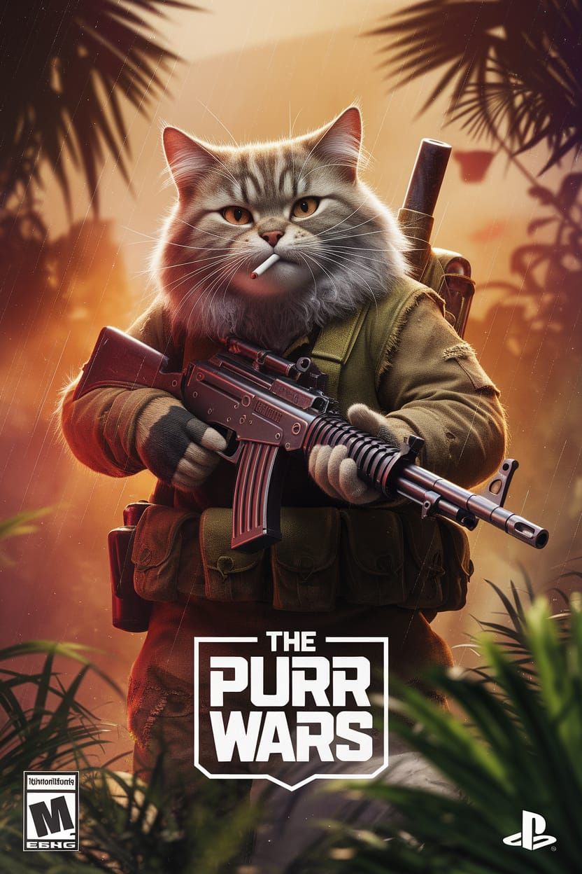 Rambo Cat in Jungle War, Digital Art