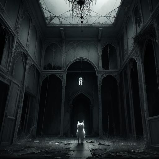 Eerie Cat in Abandoned House with Spiderwebs