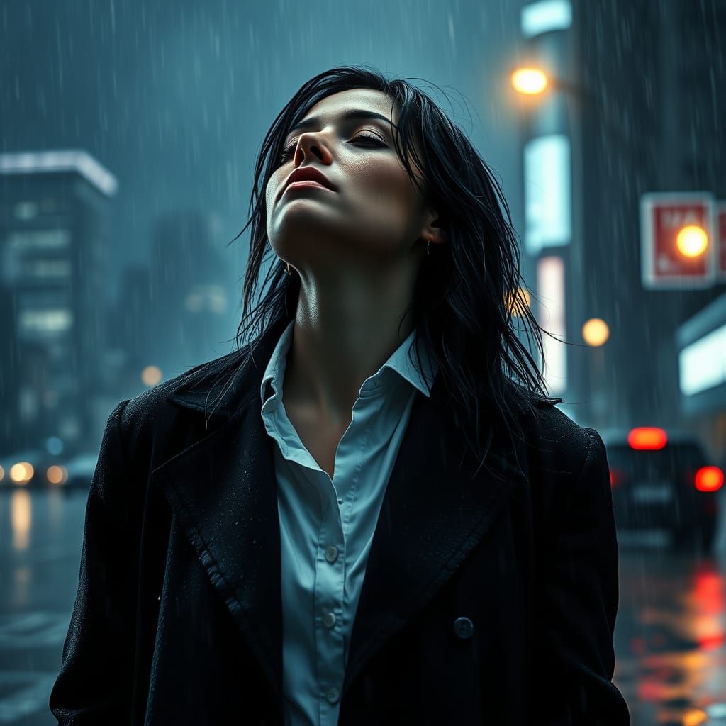 Moody Woman in Rainstorm, Hyper-Realistic Digital Art
