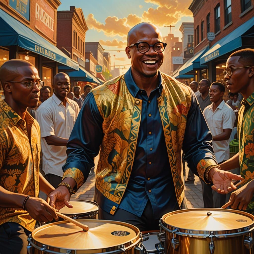 Bald Drummer Plays Drums in Vibrant Market Square