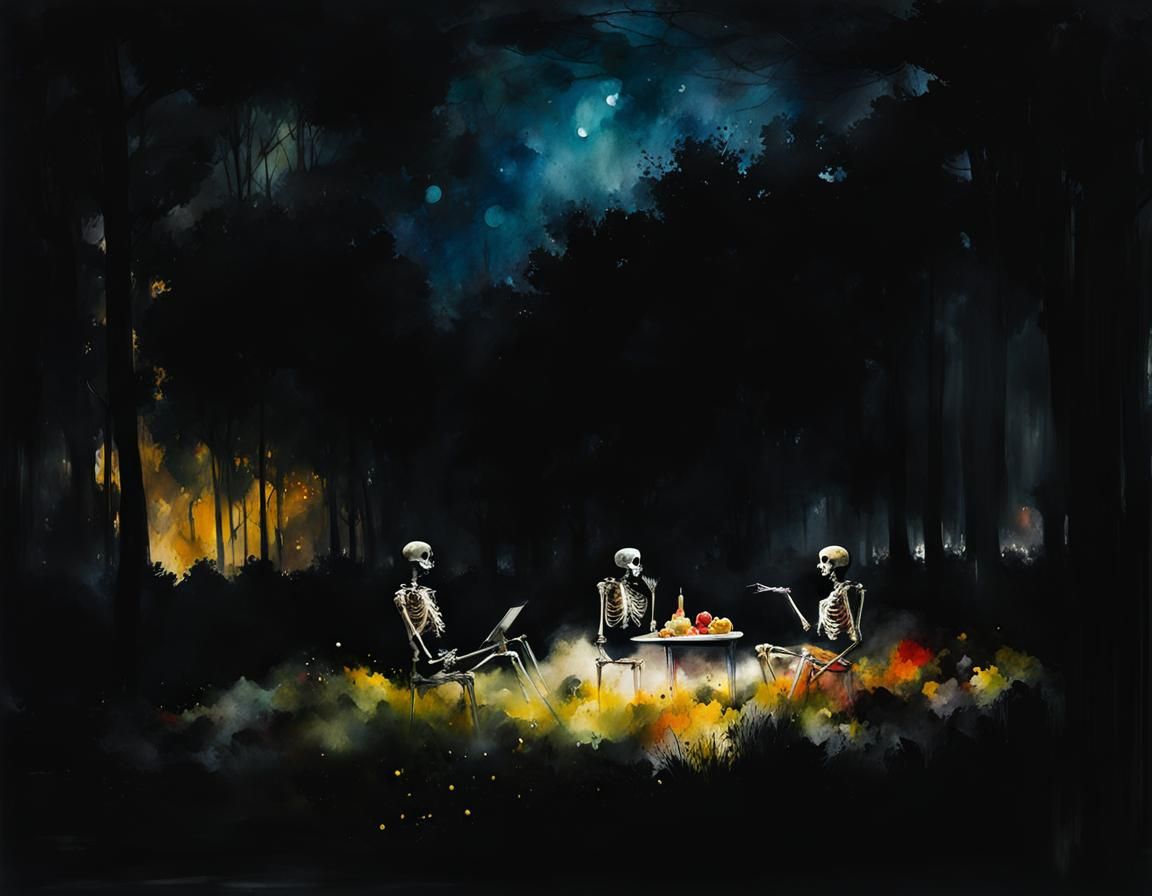 Skeleton Picnic: Impressionistic Watercolor Horror