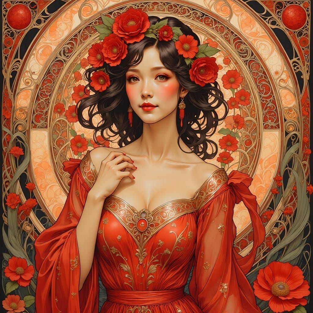 Art Nouveau Woman in Flowing Red Attire