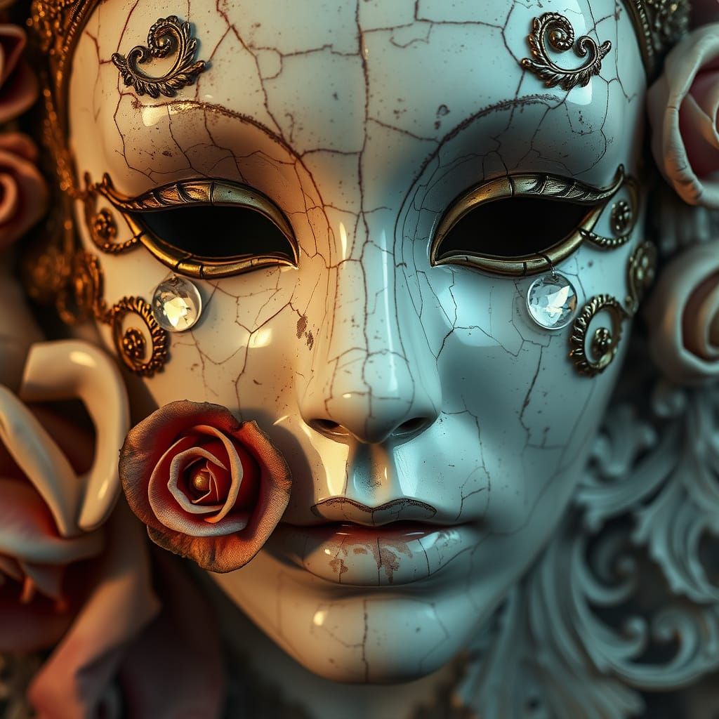 Baroque Masterpiece of a Cracked Porcelain Mask