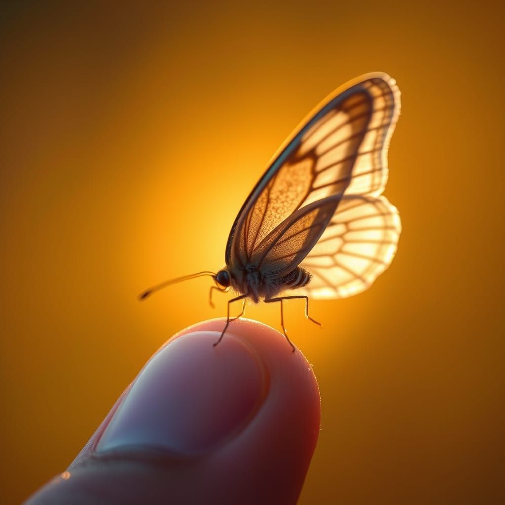 Delicate Butterfly Perched on Human Finger in Golden Light
