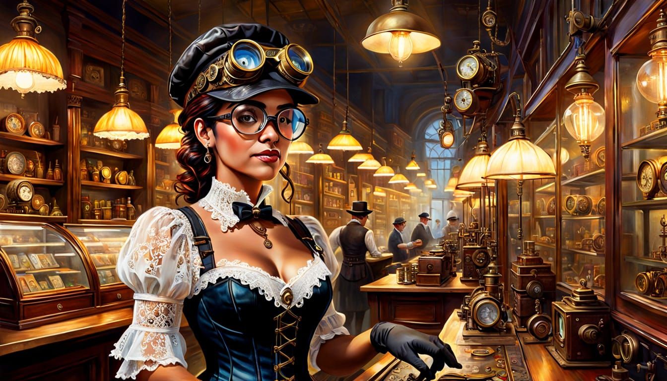 Cuban Sales Clerk in Steampunk Supermarket