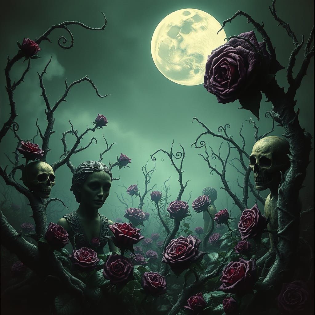 Haunting Overgrown Garden Under Bloated Moon