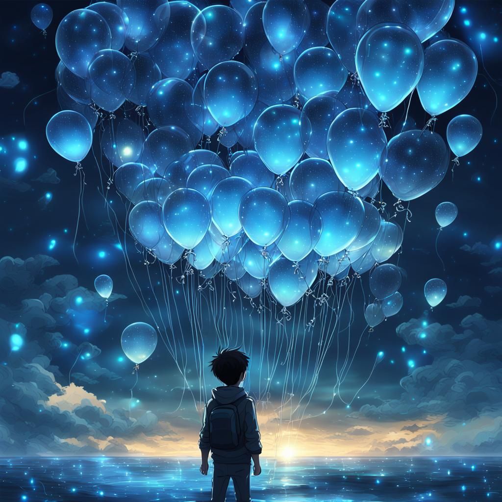 Boy with Luminous Balloons in Anime Style