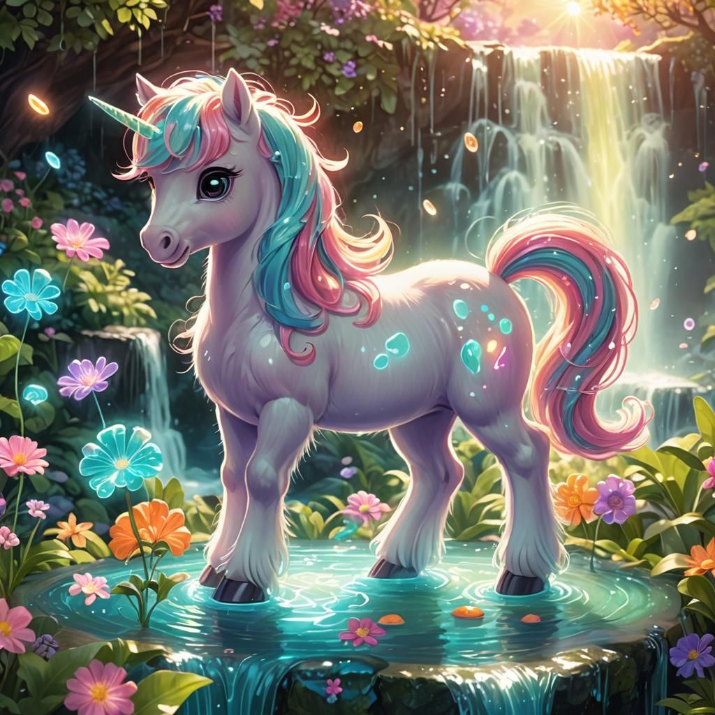 Chibi Pony and Bioluminescent Waterfall in Candy Art