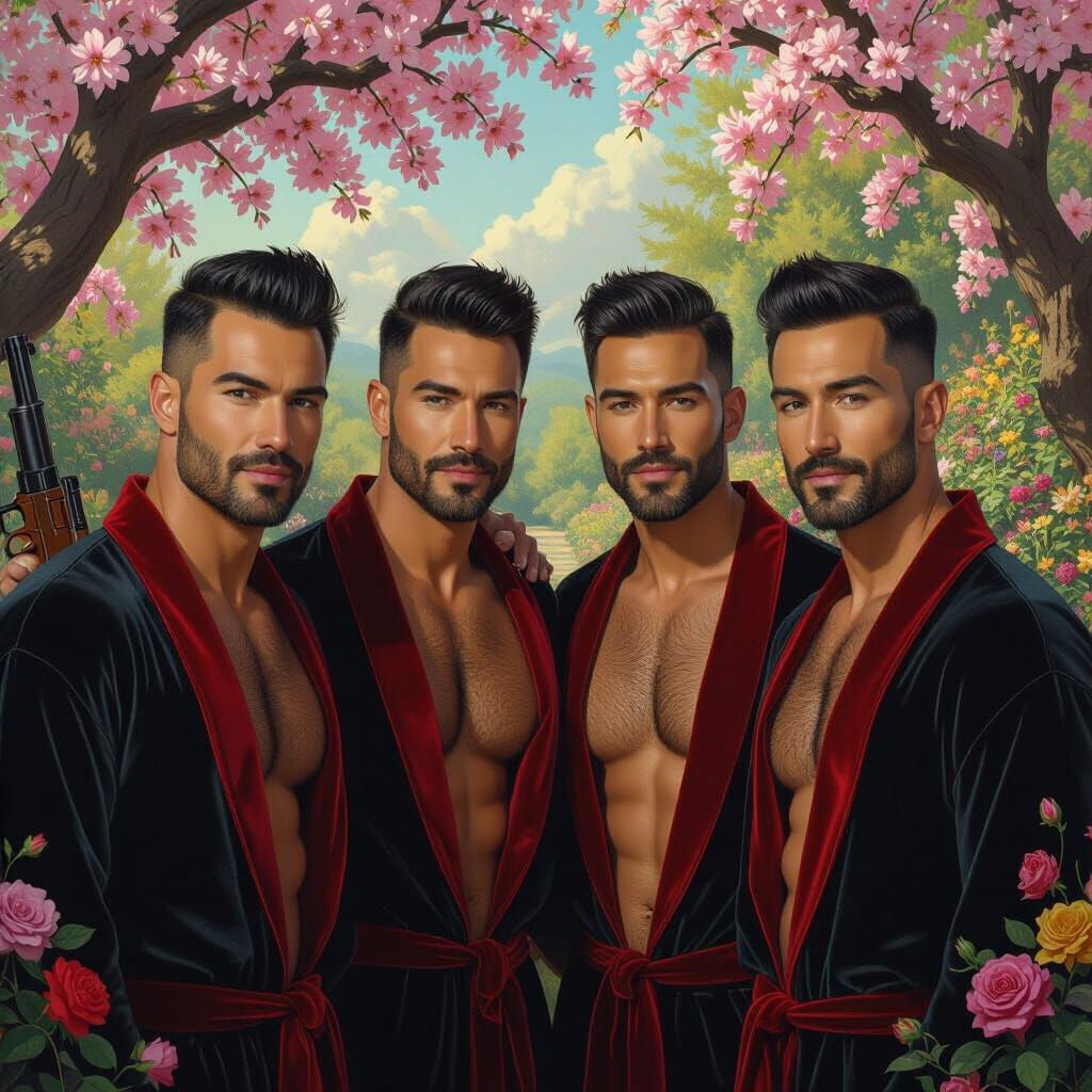 Handsome Men in Paradise Garden with Machine Guns