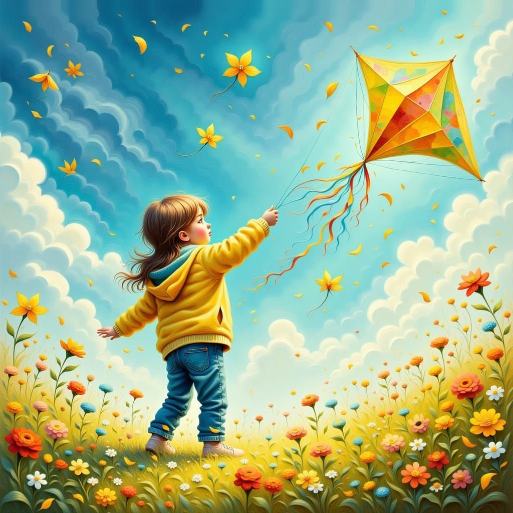 Child Flies Kite on Windy Day: Hyperrealistic Painting